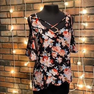 Peppermint Open Shoulder Floral Blouse Open Back
